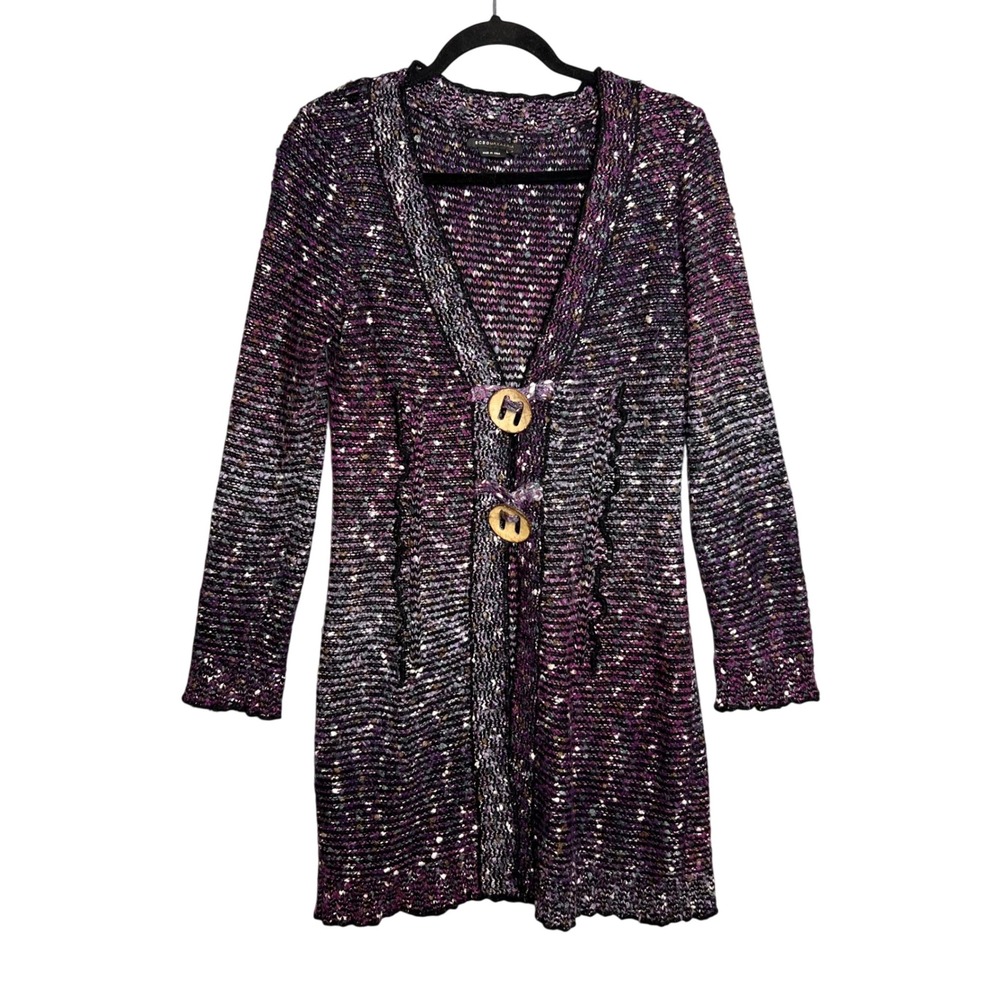 BCBGMAXAZRIA Purple Speckled Longline‎ Cardigan Size L Two Button Y2K